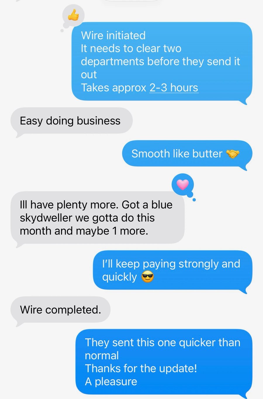 Text message thread confirming a completed wire payment to a seller