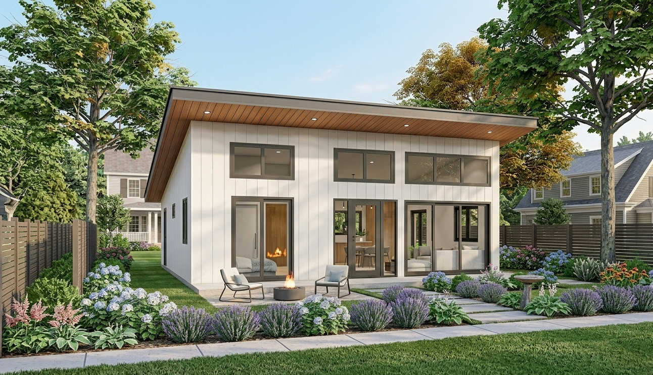 Prefabricated ADU exterior Massachusetts backyard