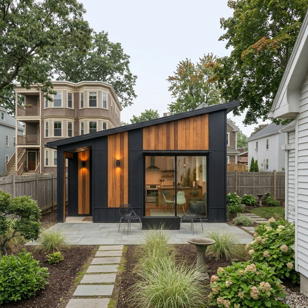Prefabricated ADU in New England winter snow