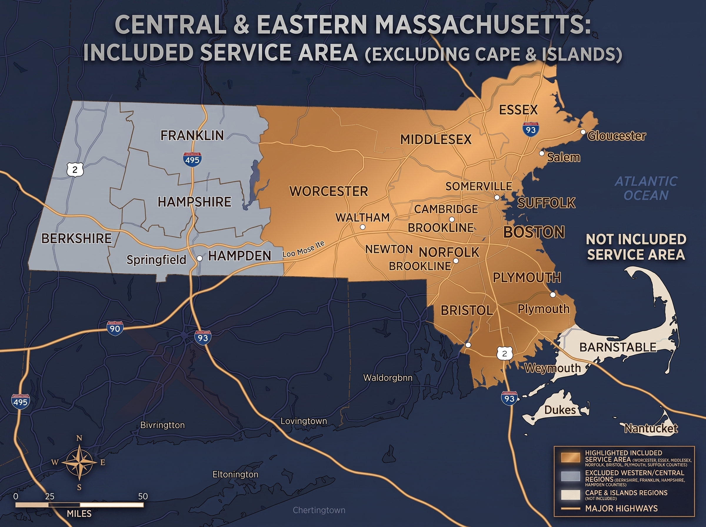 Map of Confido's Massachusetts service area covering Worcester, Middlesex, Essex, Suffolk, Norfolk, Bristol, and Plymouth counties