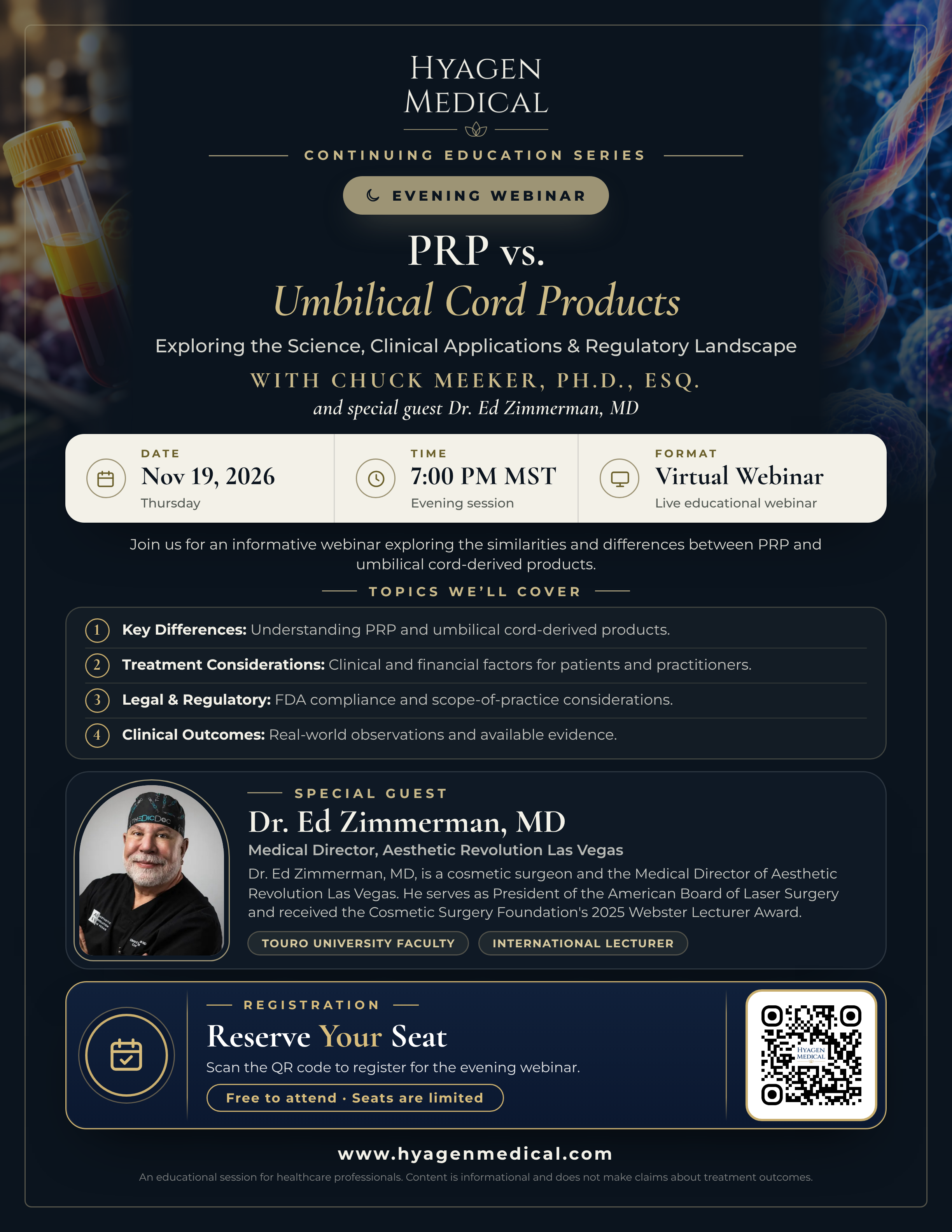 Evening Webinar flyer: PRP vs. Umbilical Cord Products, Nov 19, 2026, 7:00 PM MST