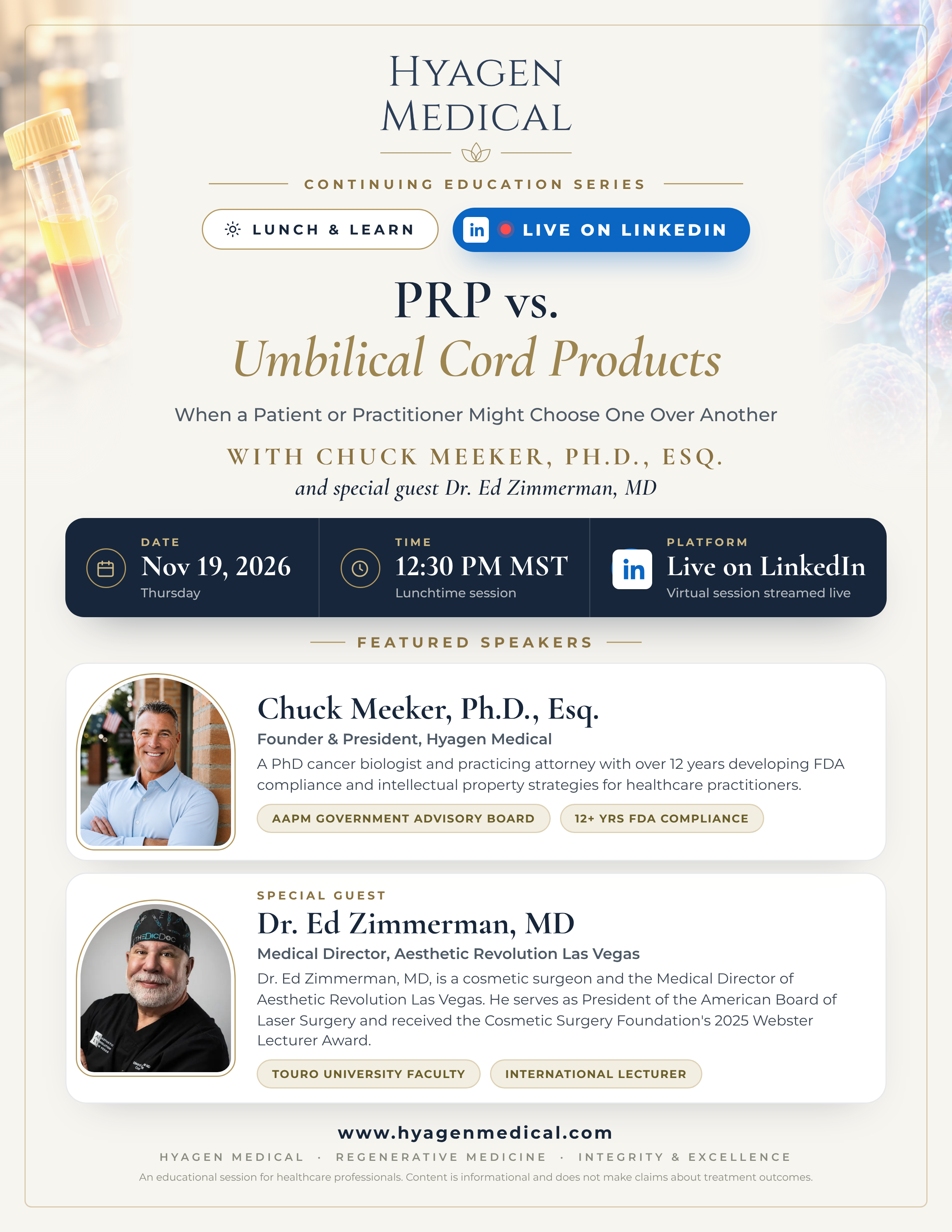 Lunch & Learn flyer: PRP vs. Umbilical Cord Products, Nov 19, 2026, 12:30 PM MST