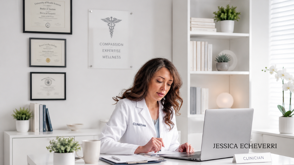 Clinician working at desk in bright, professional private practice office.