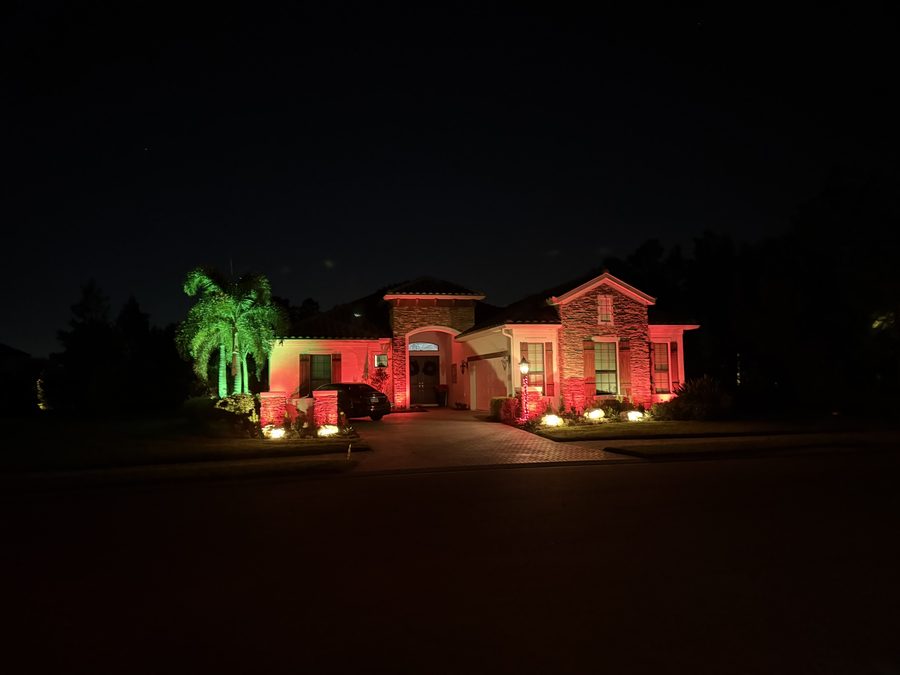 Roofline holiday lighting close-up