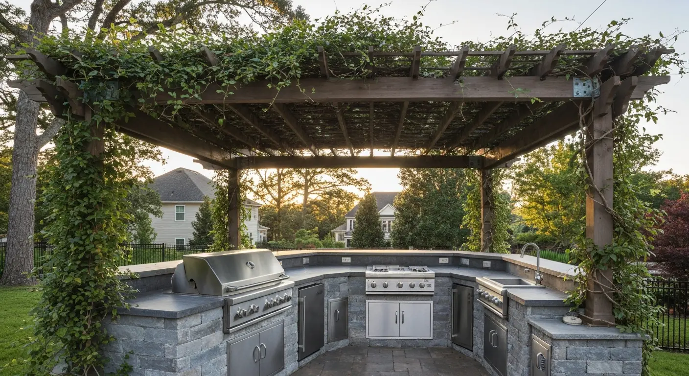Pergola over outdoor kitchen space