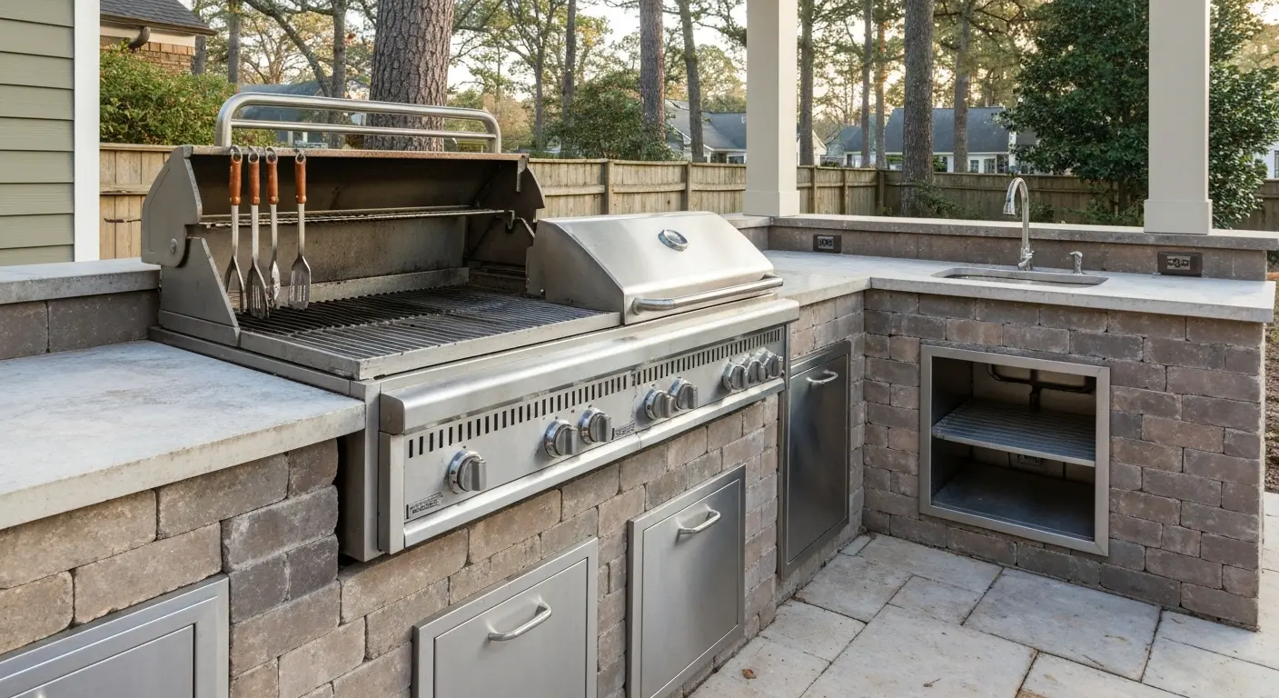 Outdoor grilling station with built-in grill