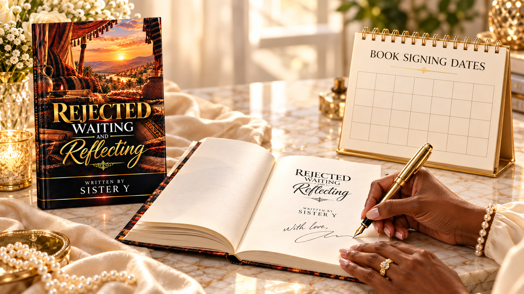 Book signing dates desk with Sister Y's book Rejected Waiting and Reflecting, calendar, pearls, and golden pen
