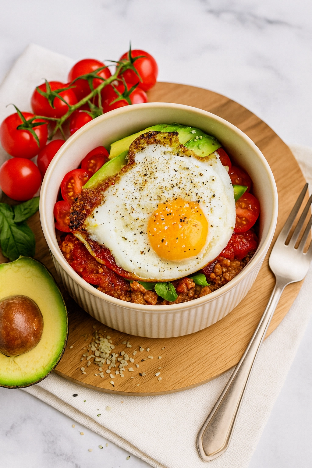 Savory cottage cheese breakfast bowl topped with a crispy fried egg, sliced avocado, and halved cherry tomatoes, served in a white ceramic bowl on a wooden board with hemp seeds scattered alongside