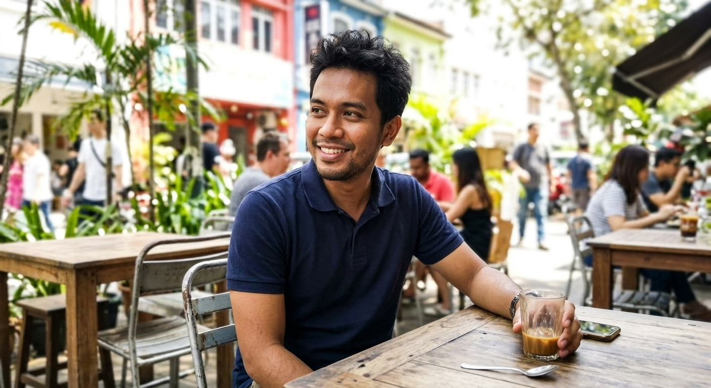 men with hair wig sit in a cafe