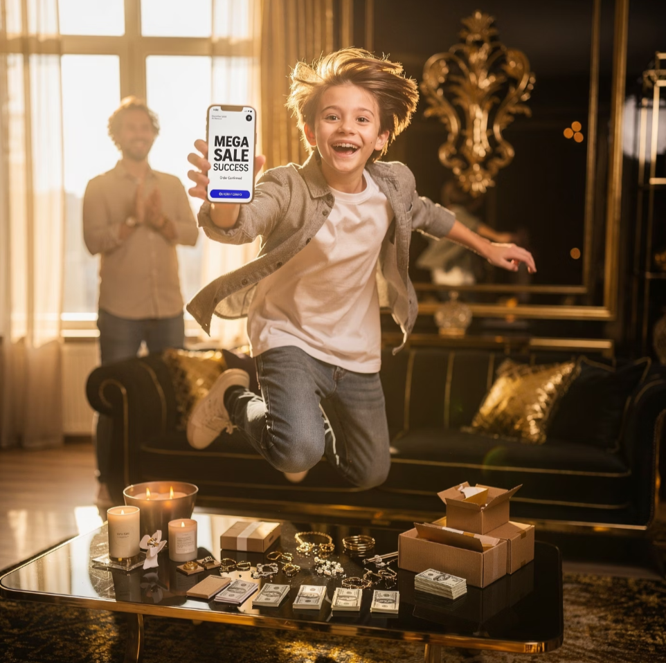 Child celebrating first sale