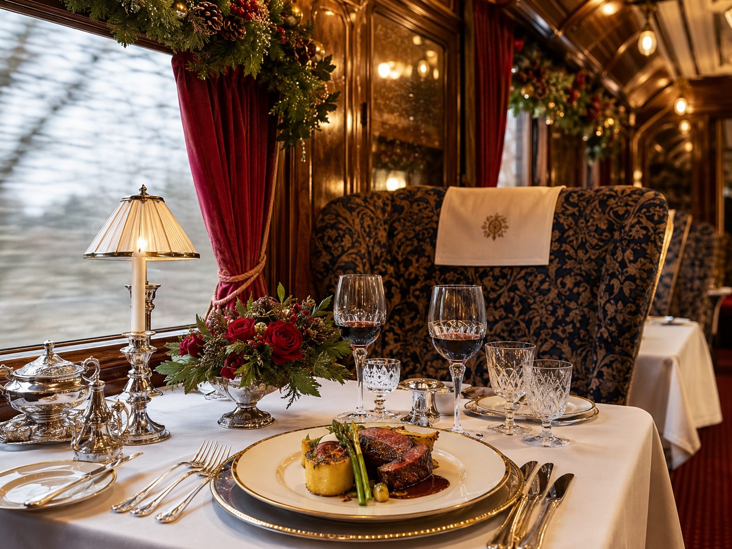 The Belmond carriage, with polished marquetry and warm lamplight