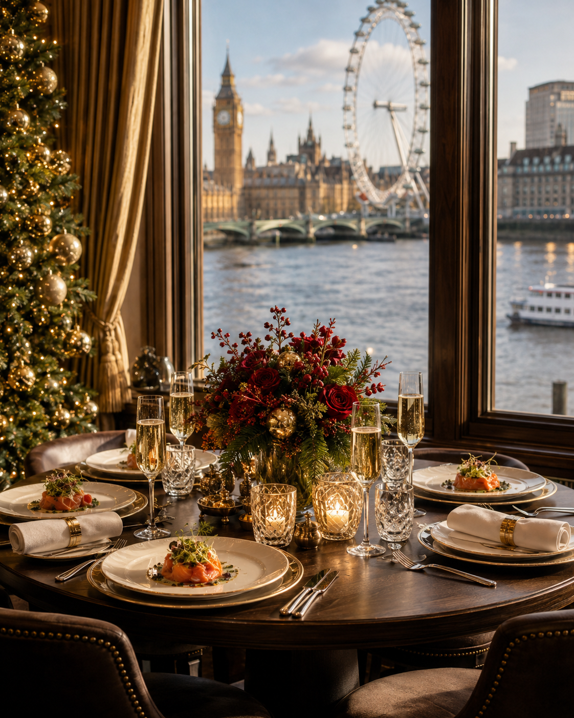A banqueting table dressed for Christmas