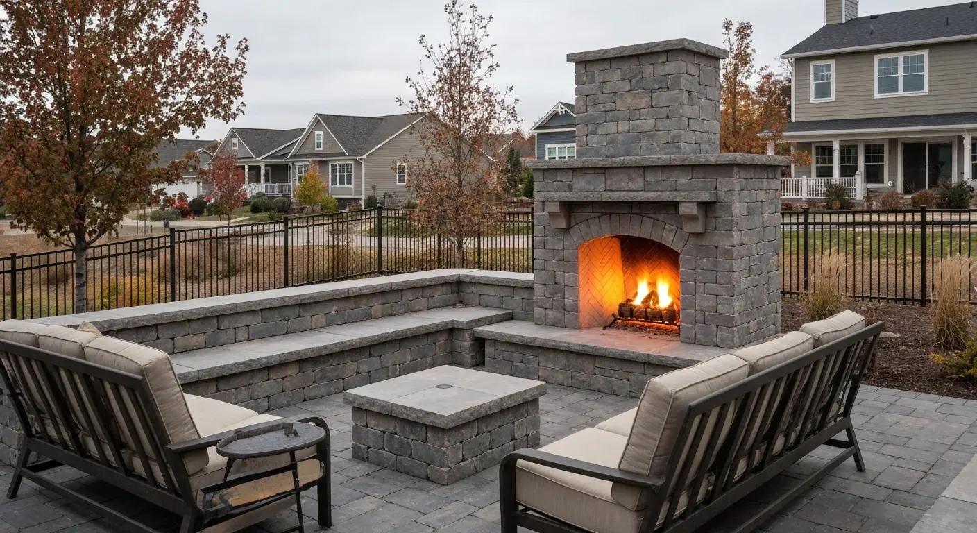 Outdoor living space with fireplace