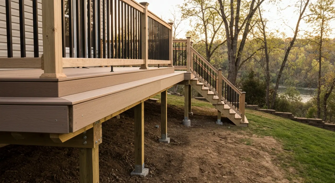 Multi-level deck on sloped yard near North Canadian River Valley