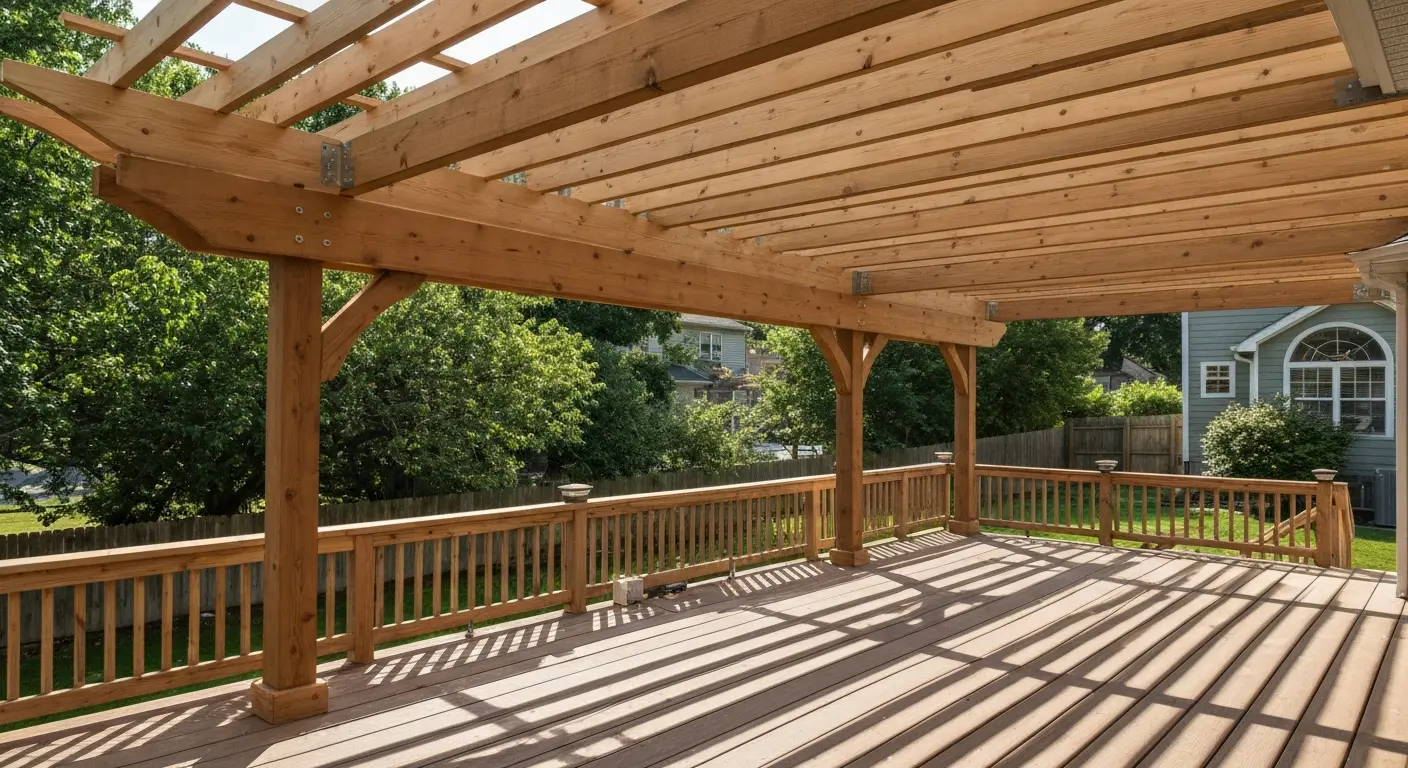 Pergola structure providing shade over deck