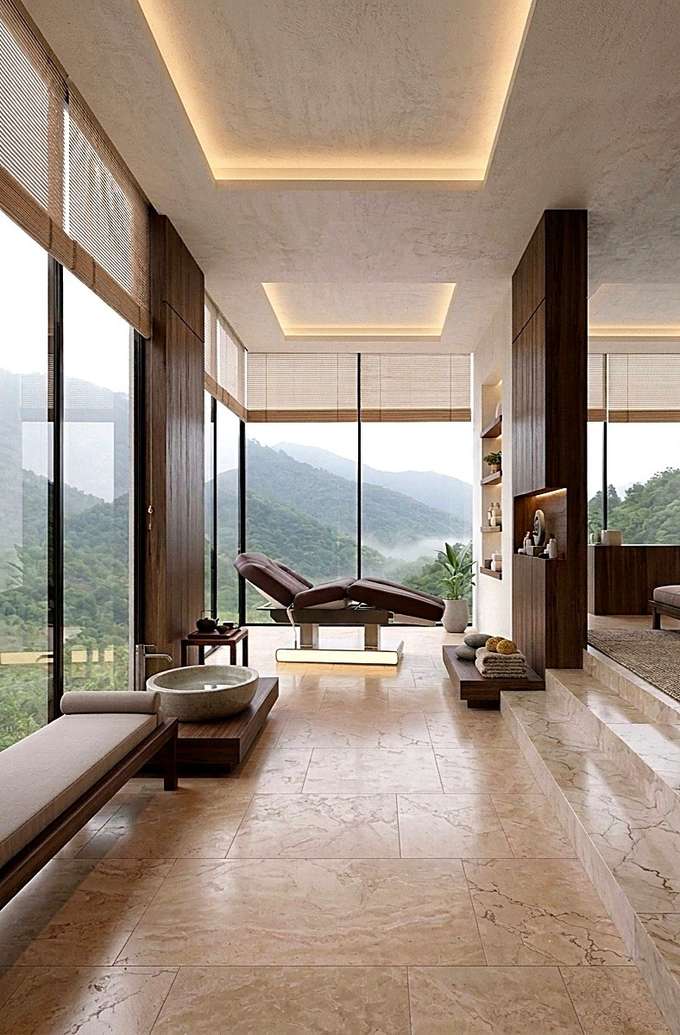 An ANĀDI studio: the bed in a room of stone and glass, looking out over hills