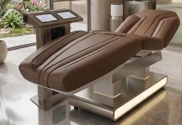 The ANĀDI bed with its console, in a room of stone and glass