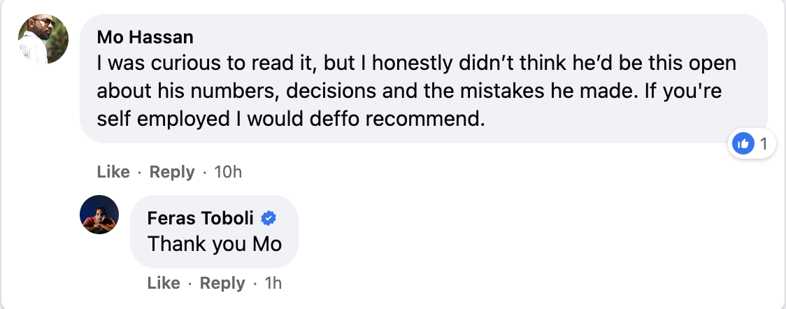 Facebook comment on Feras Toboli's book