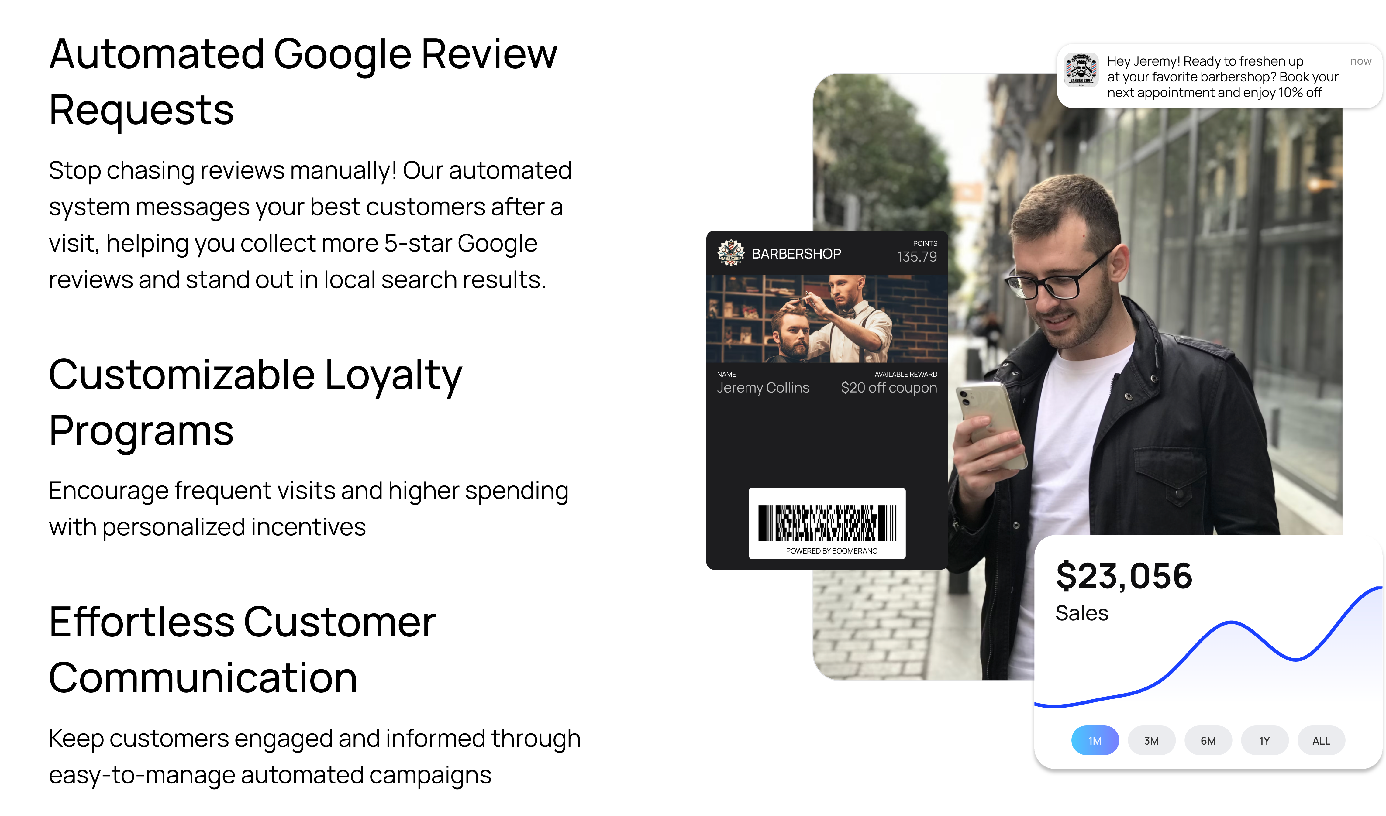 Digital loyalty card for barbershop showing customer rewards, push notifications, and sales analytics dashboard with $23,056 revenue growth