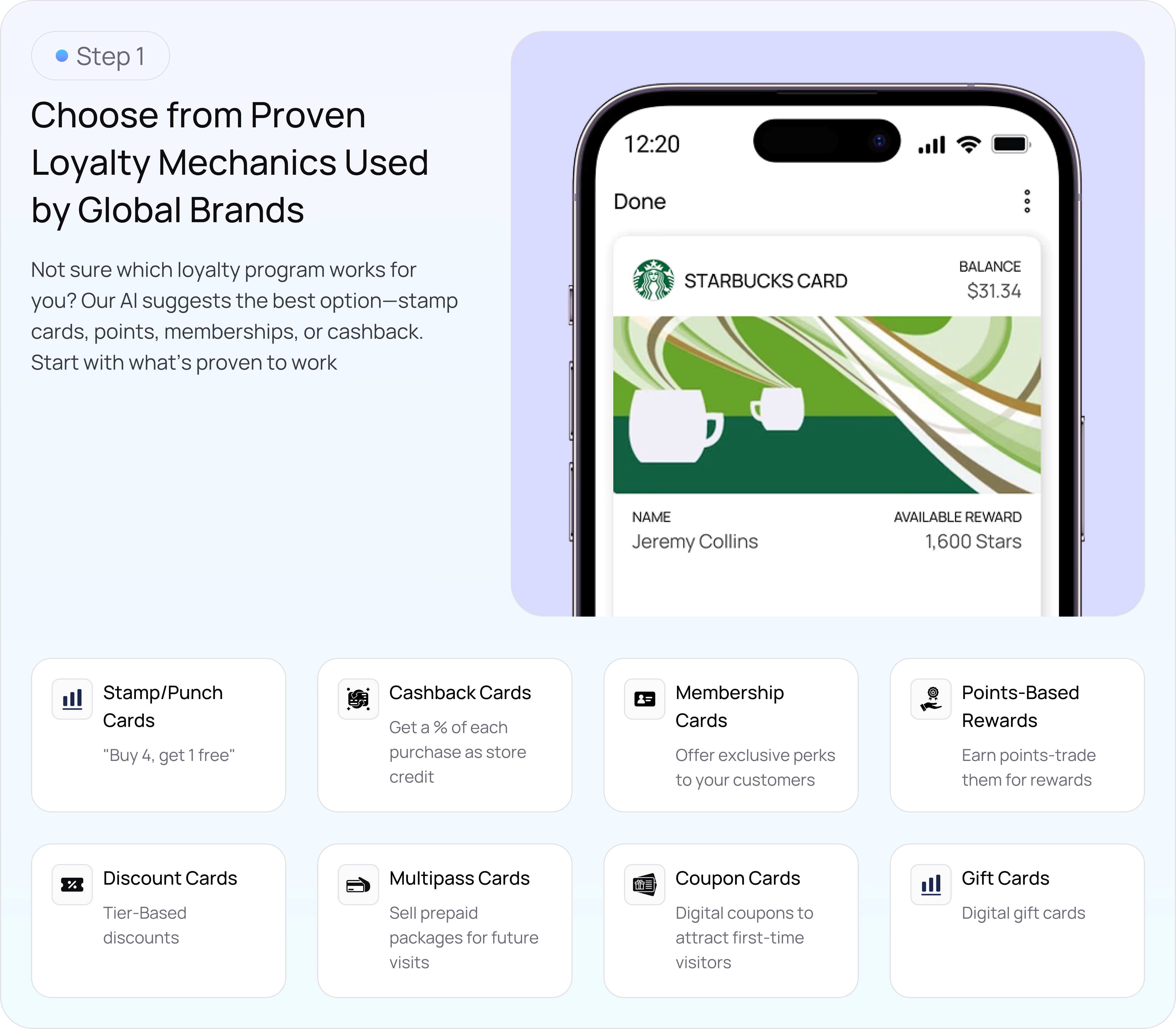 Mobile loyalty program builder showing AI-powered selection of proven loyalty mechanics including stamp cards, cashback, memberships, and points-based rewards used by global brands