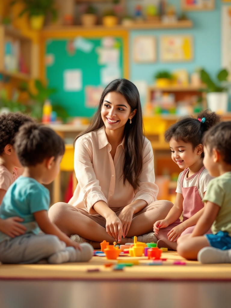 A teacher sitting on a mat with happy preschool children