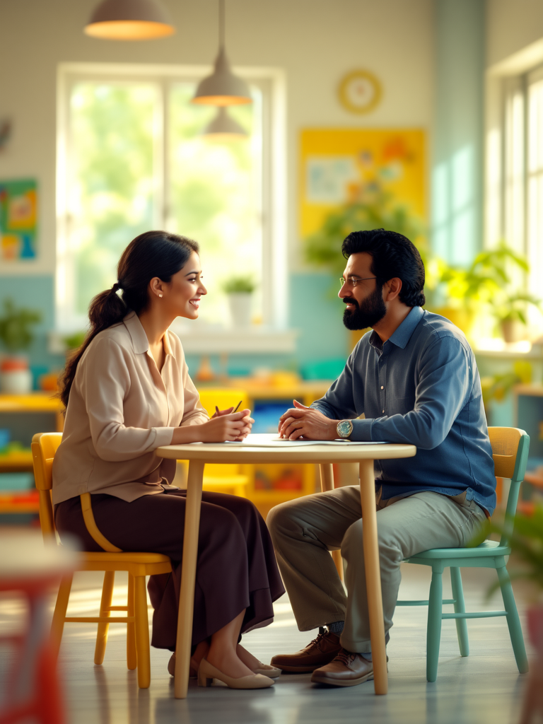 A teacher talking with a parent