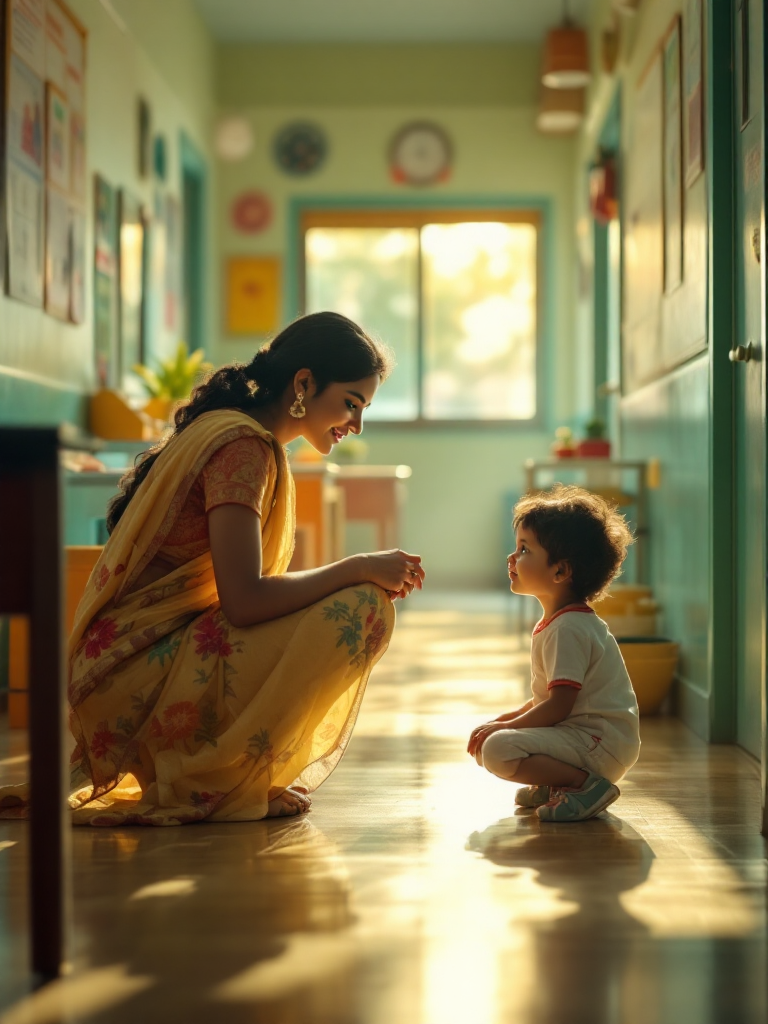 A teacher kneeling to talk with a small child