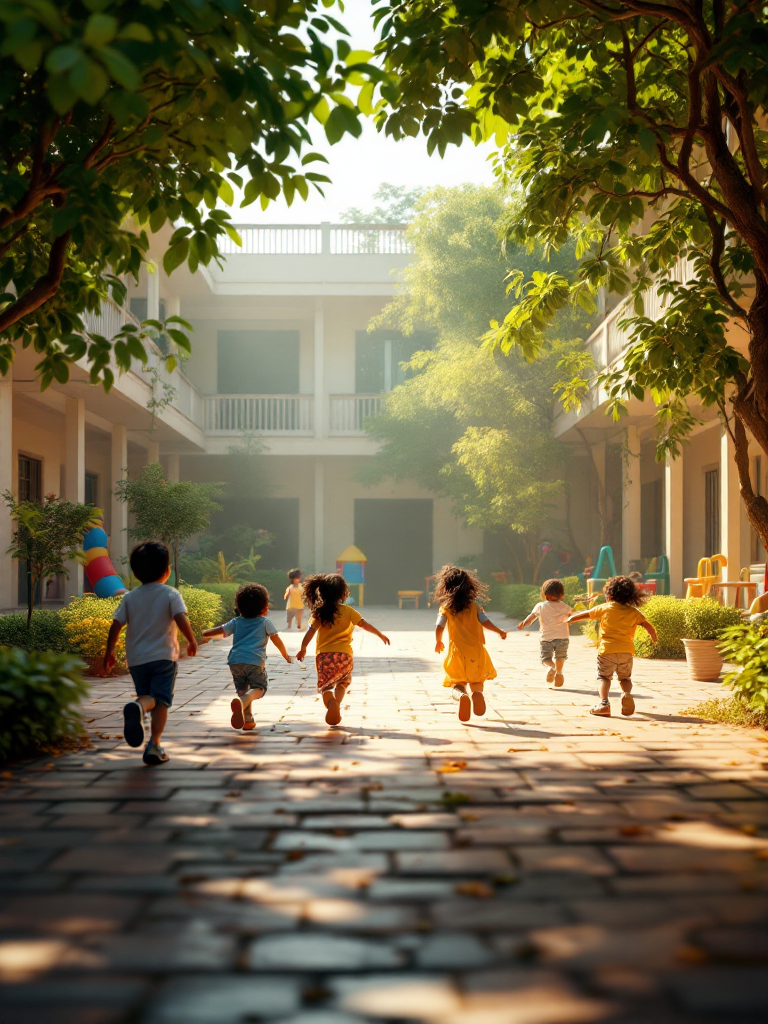 Children running and playing outside their school
