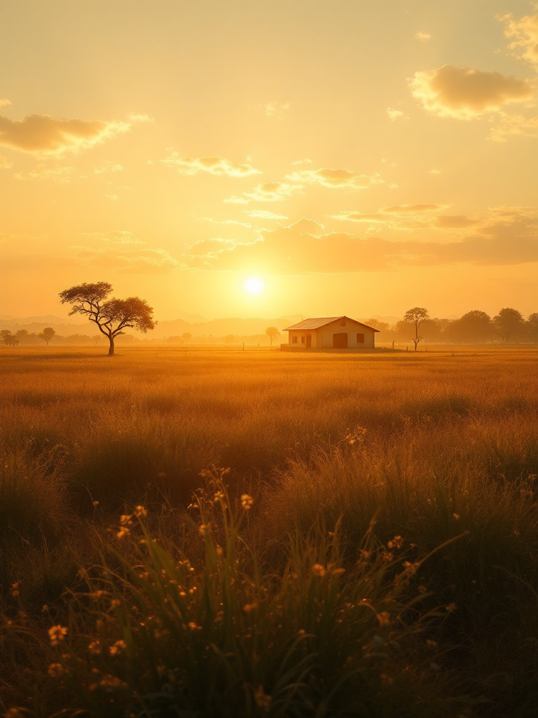 Golden sunrise over a village