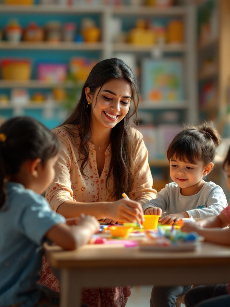 A smiling teacher painting with a child