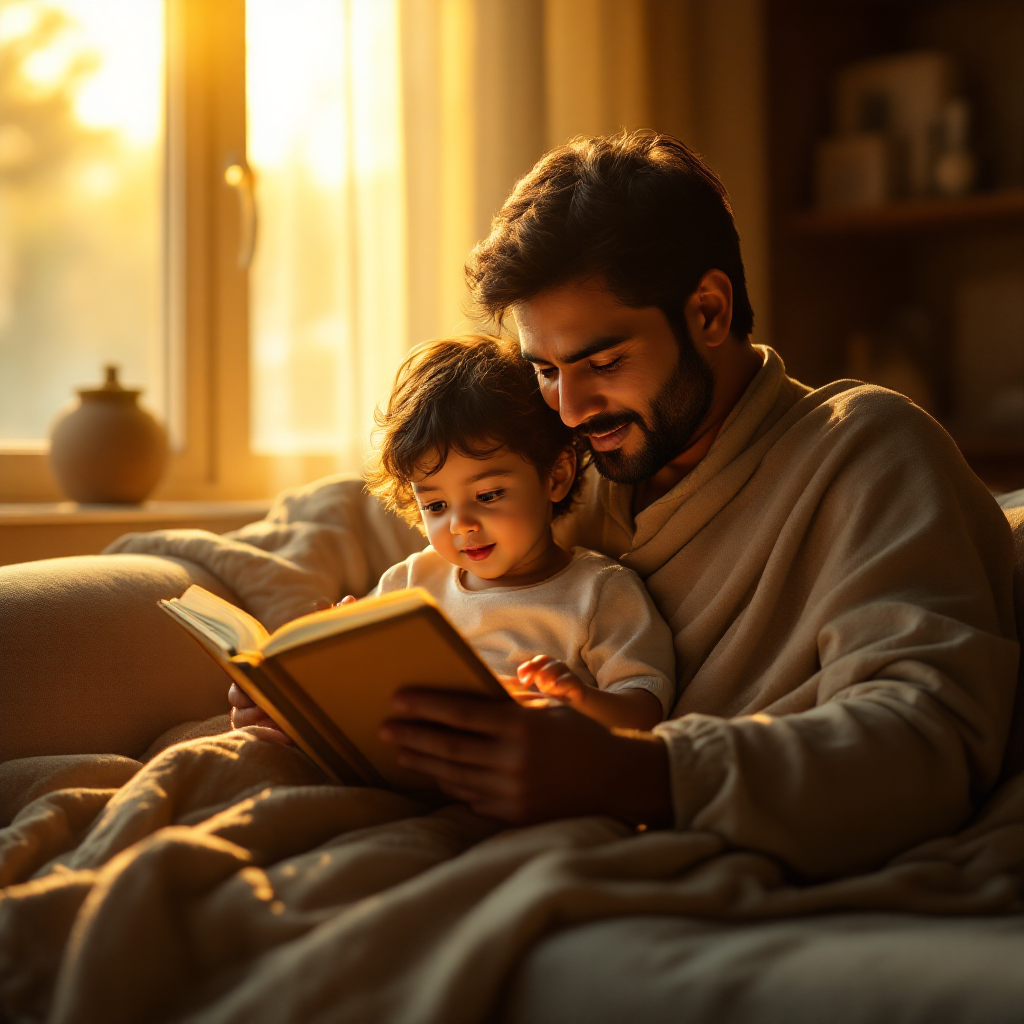 A parent reading with a child at home