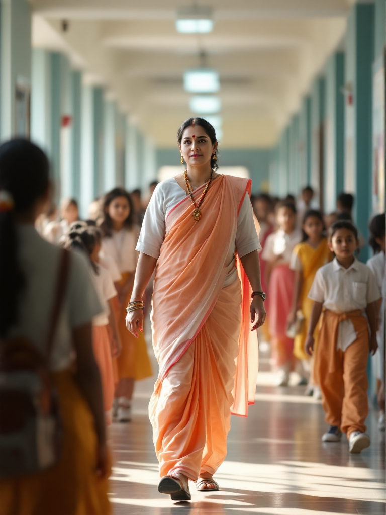 A teacher walking through a school corridor with children