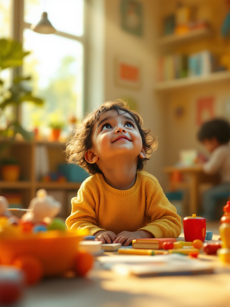 A curious child looking up and smiling