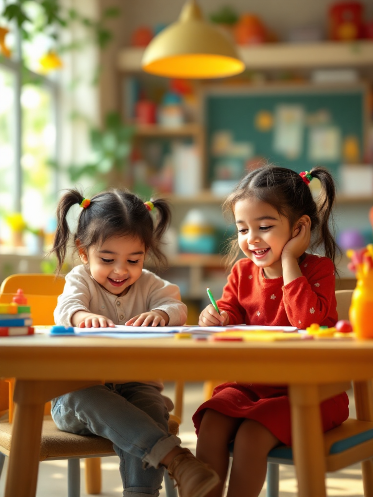 Two little girls smiling while drawing at a table