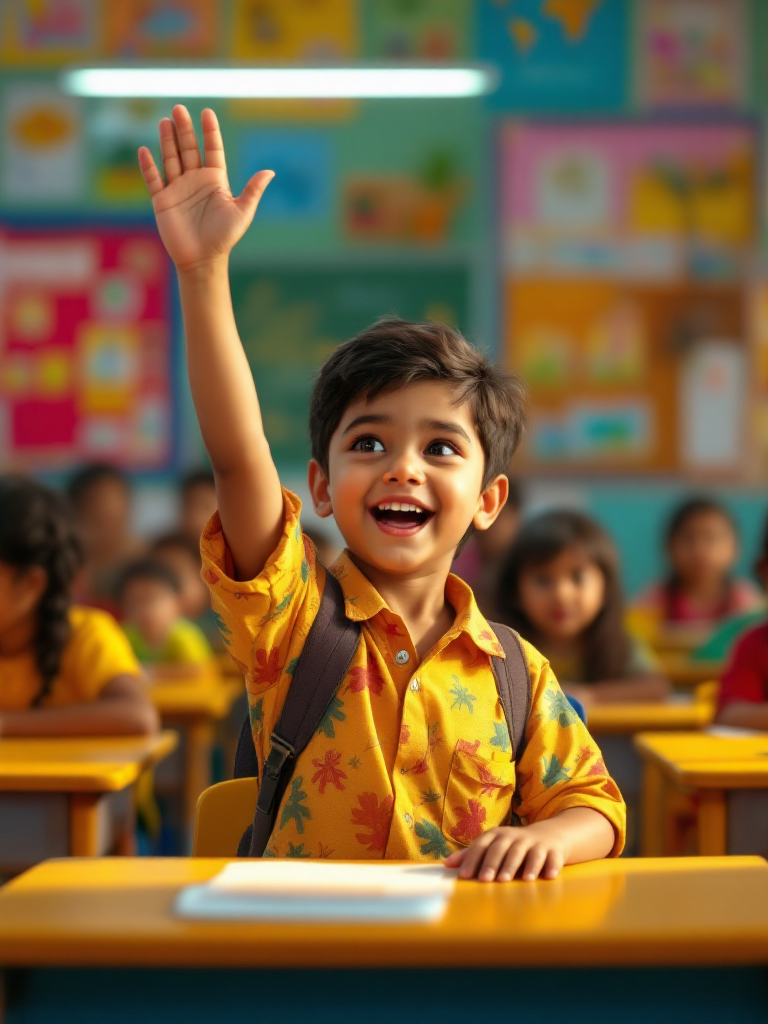 A happy little boy raising his hand in class