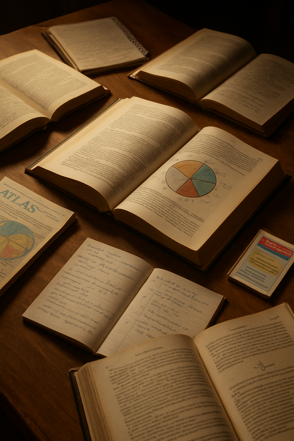 Open books on a table in warm light