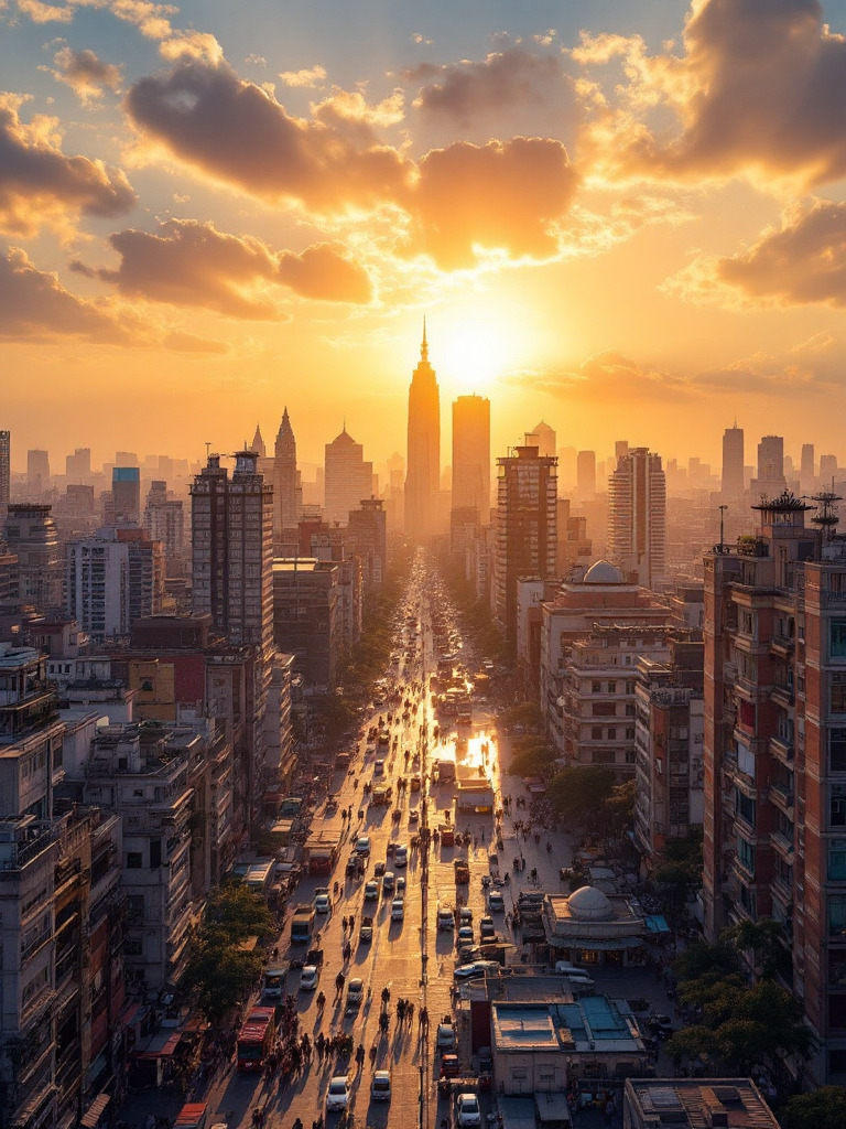 A city at sunrise