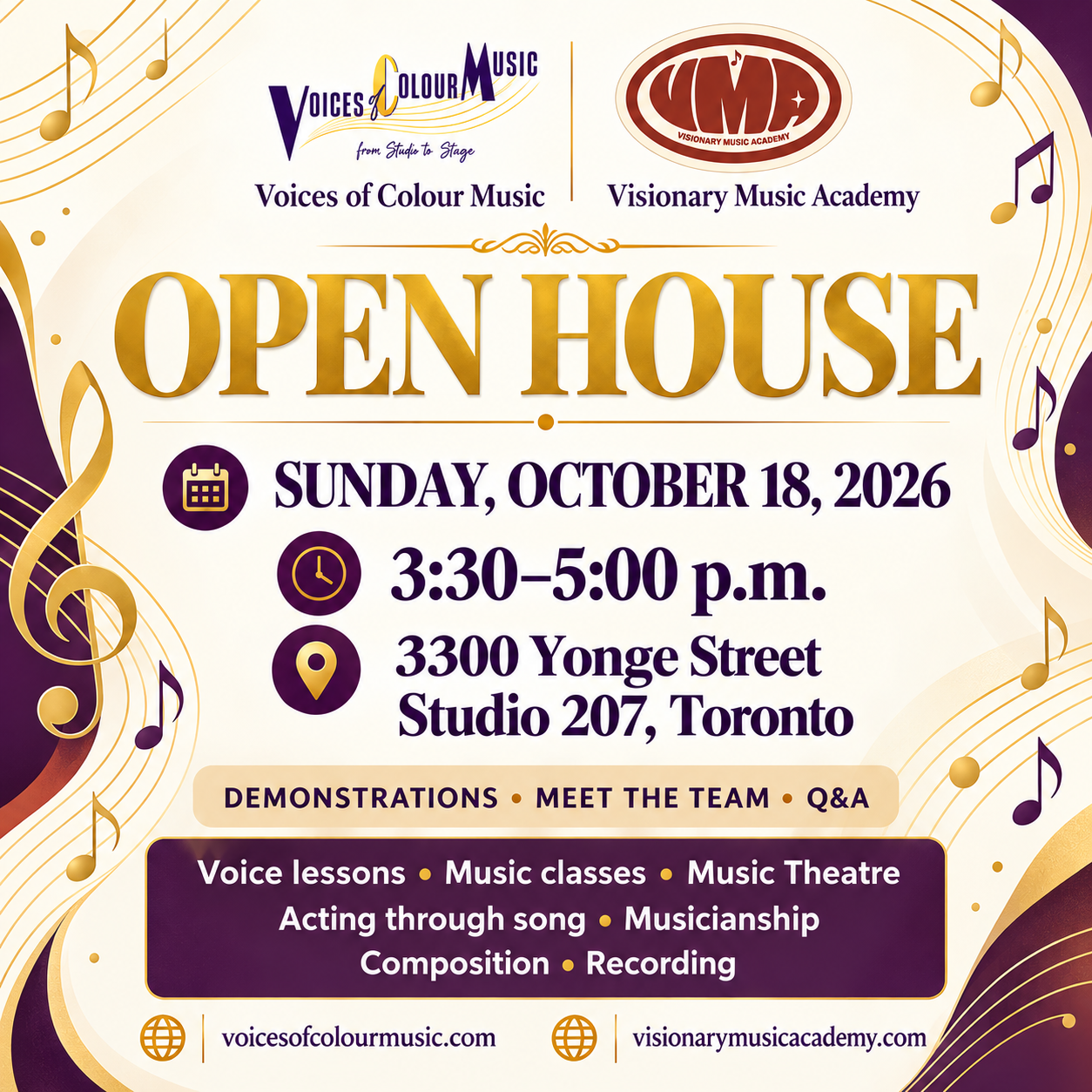 Approved abstract Open House flyer with the official Voices of Colour Music and Visionary Music Academy logos, date, time and address.