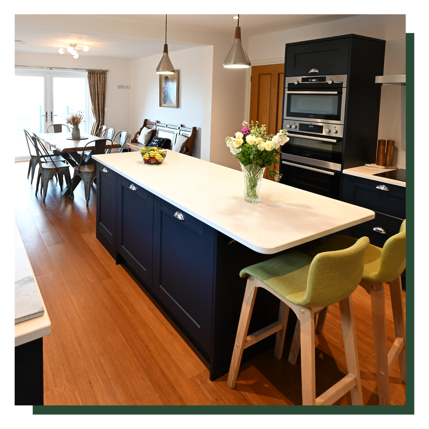 Kitchen with kitchen island with flowers
