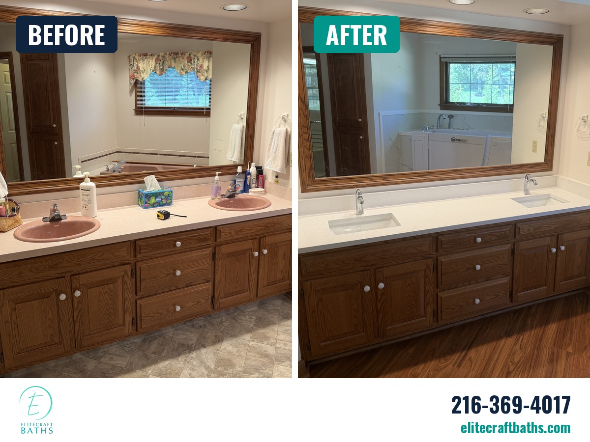 Before and after of an updated bathroom vanity