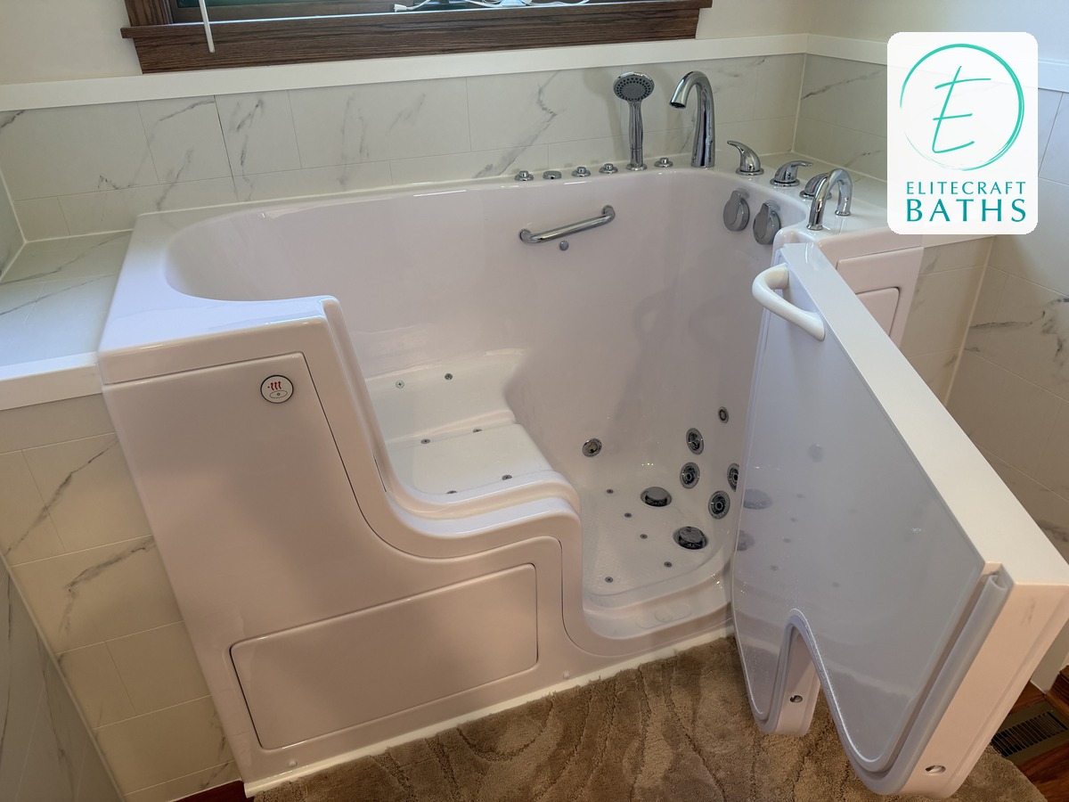Walk-in tub with low-step door and built-in seat