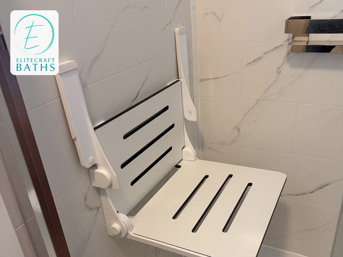 Walk-in shower with a built-in seat for safe, seated bathing