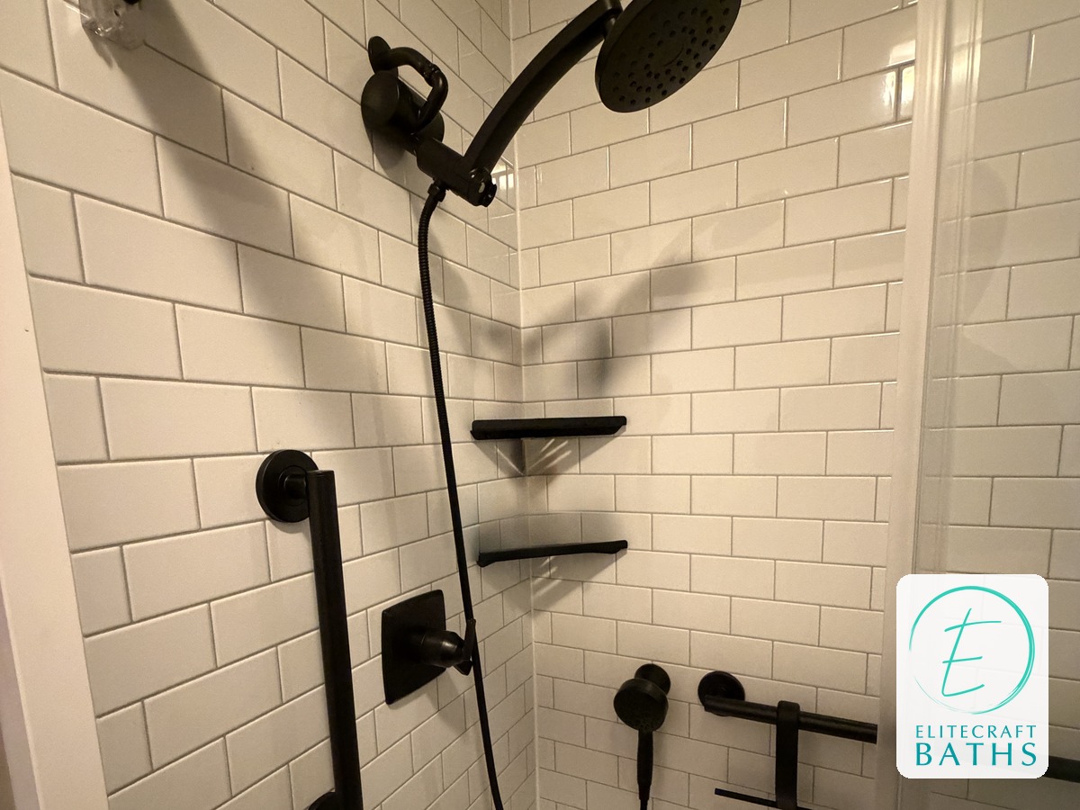 Walk-in shower with white subway tile walls