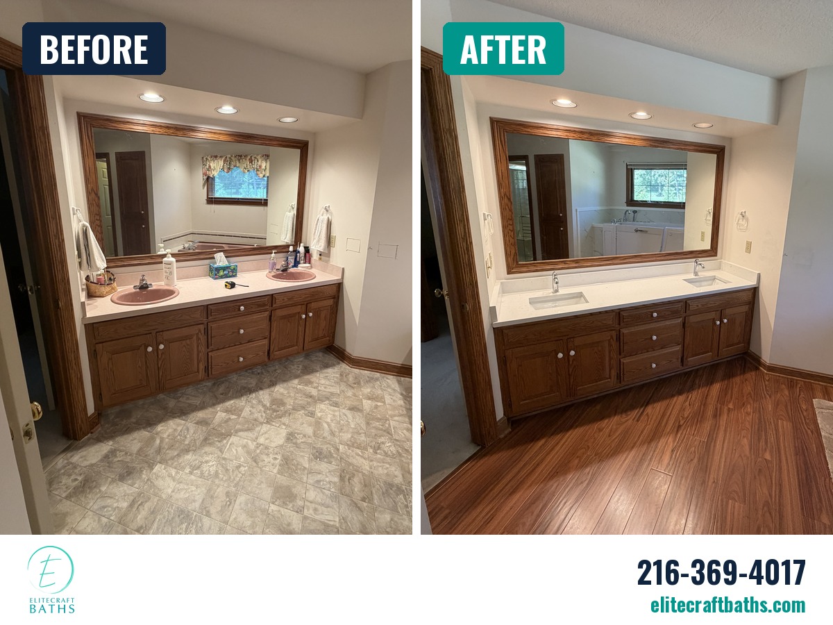 Before and after of a full bathroom remodel