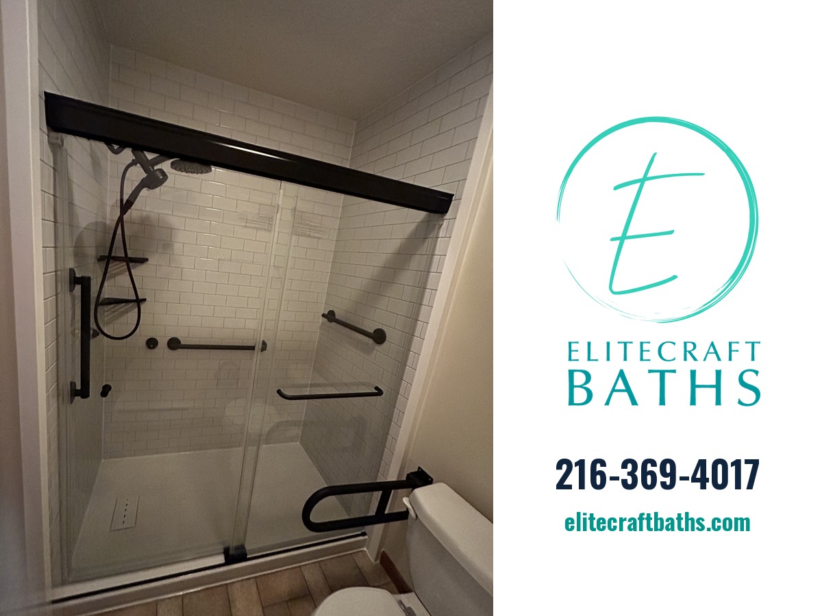 Modern walk-in shower with black fixtures