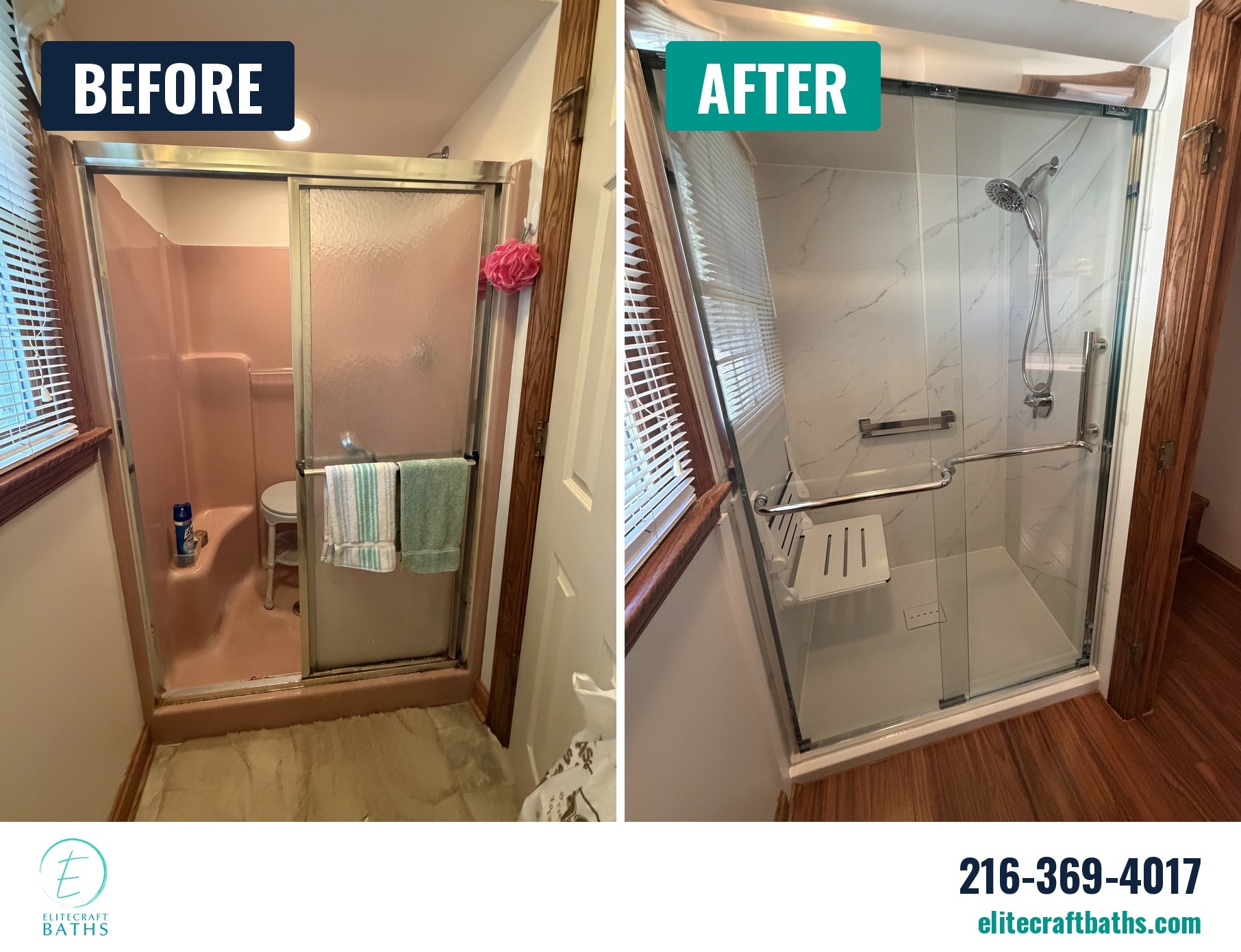 Shower before and after remodel by Elitecraft Baths