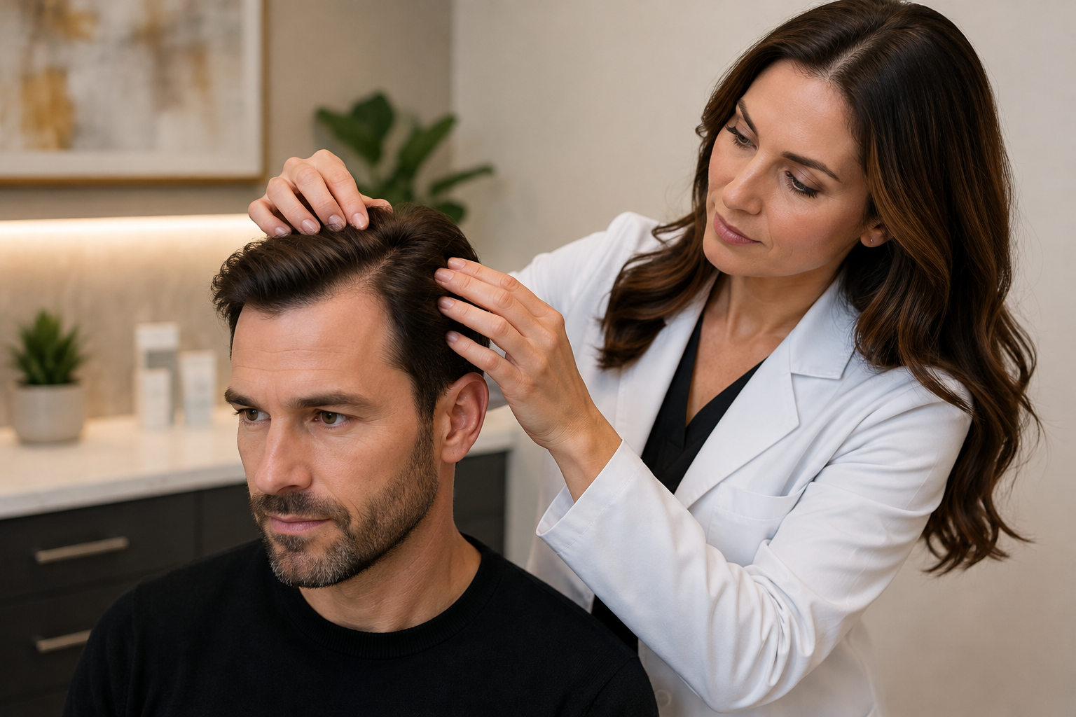 Hair restoration consultation and scalp evaluation