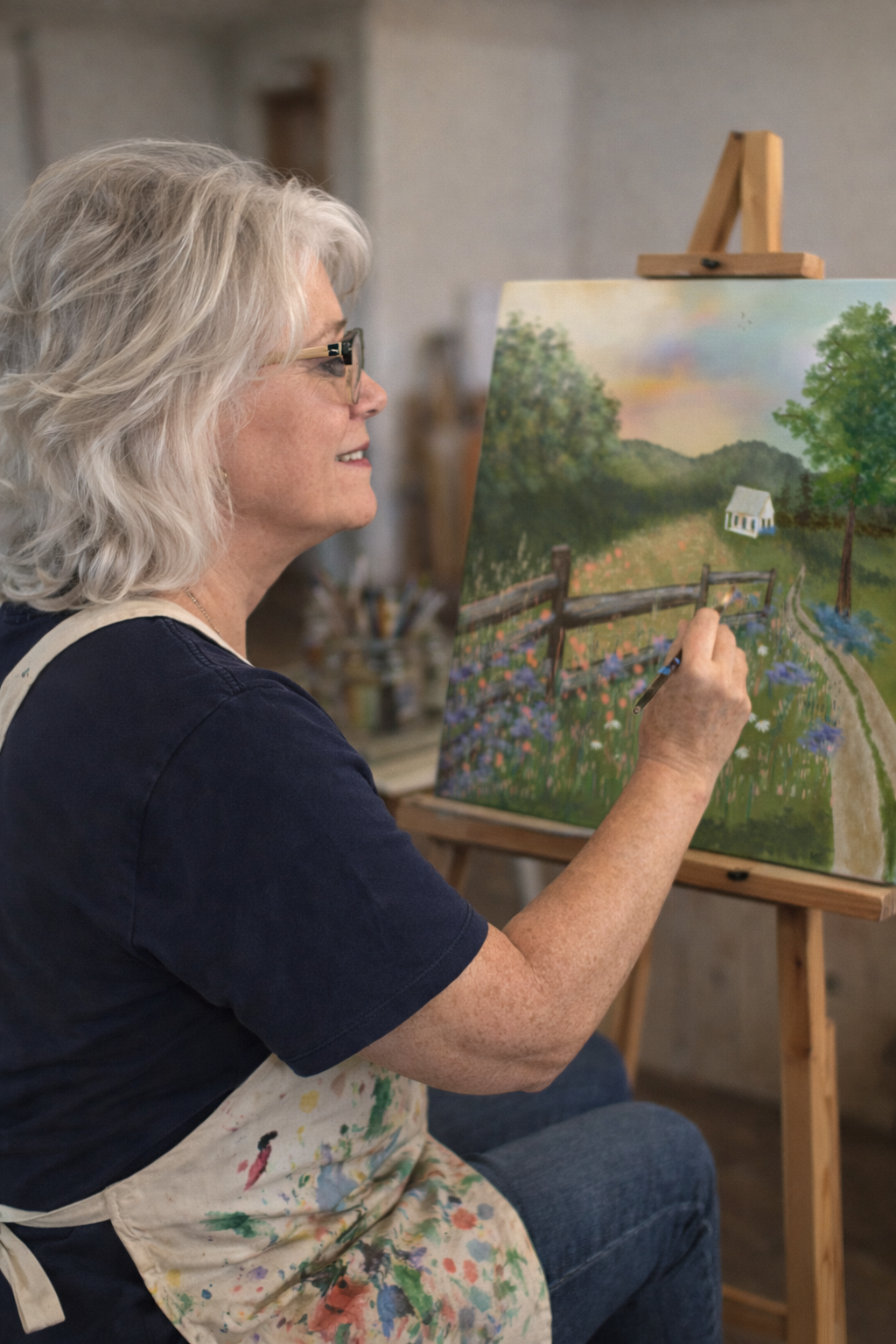 Kimbella Buckman painting her "Country Drive:" pa