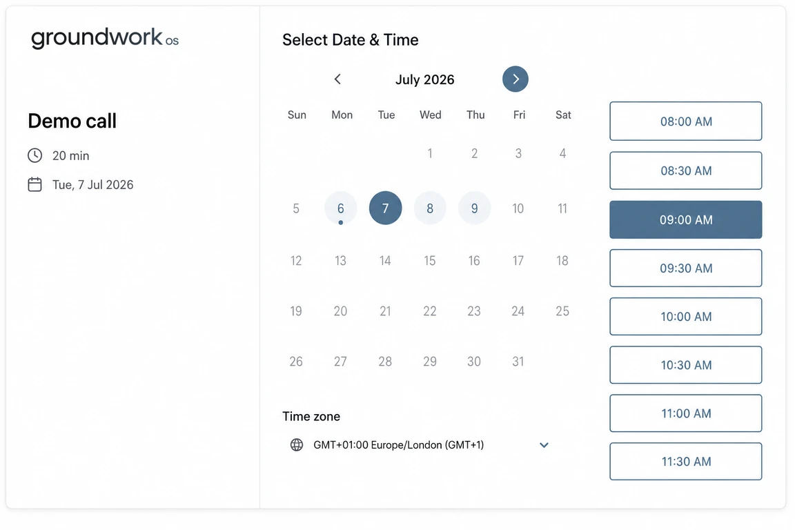 Booking a 20-minute demo call with GroundWork OS