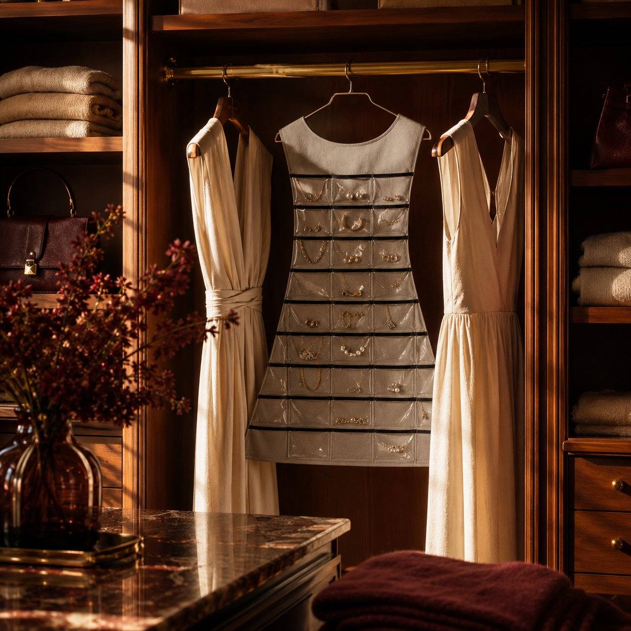 Bella Cache hanging in a warm walk-in closet between linen dresses